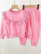 Loungewear - Embroidery Frill Pink Tracksuit - Mariposa Children's Boutique