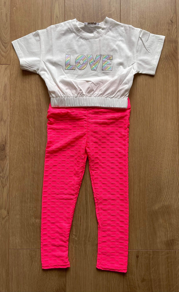 Mariposa Children's Boutique Loungewear Loungewear - Hot Pink Honeycomb Leggings with White Love T-Shirt Top