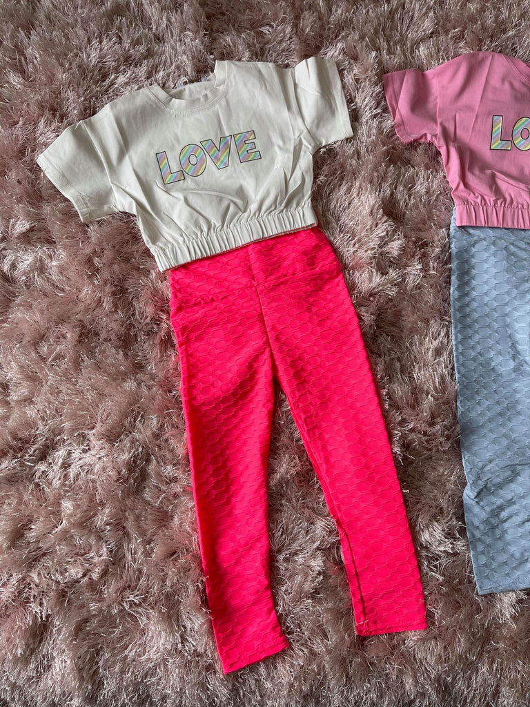 Mariposa Children's Boutique Loungewear Loungewear - Hot Pink Honeycomb Leggings with White Love T-Shirt Top