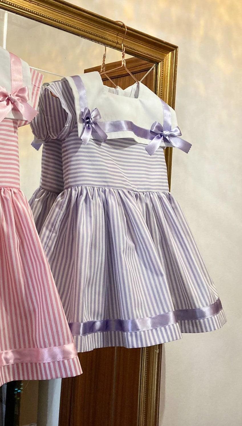 Luna Kids SS22 - Sailor Style Stripe Dress in Lilac - Mariposa Children's Boutique