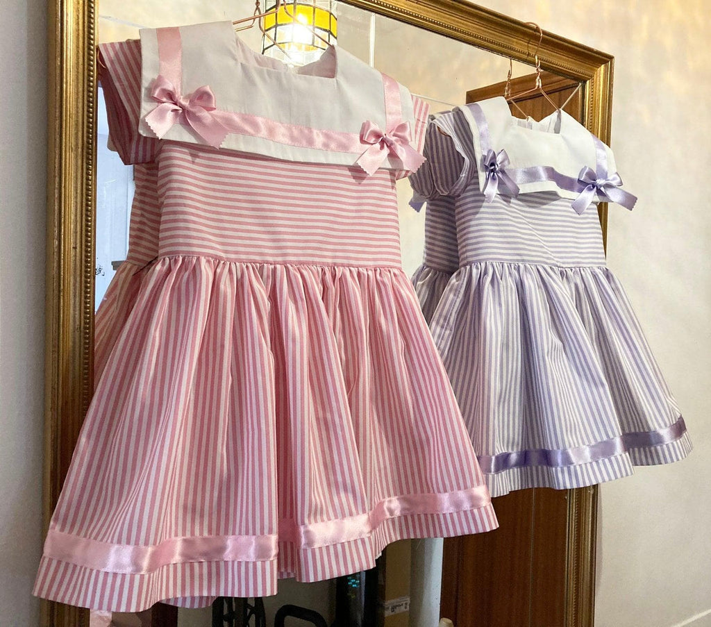 Luna Kids SS22 - Sailor Style Stripe Dress in Lilac - Mariposa Children's Boutique