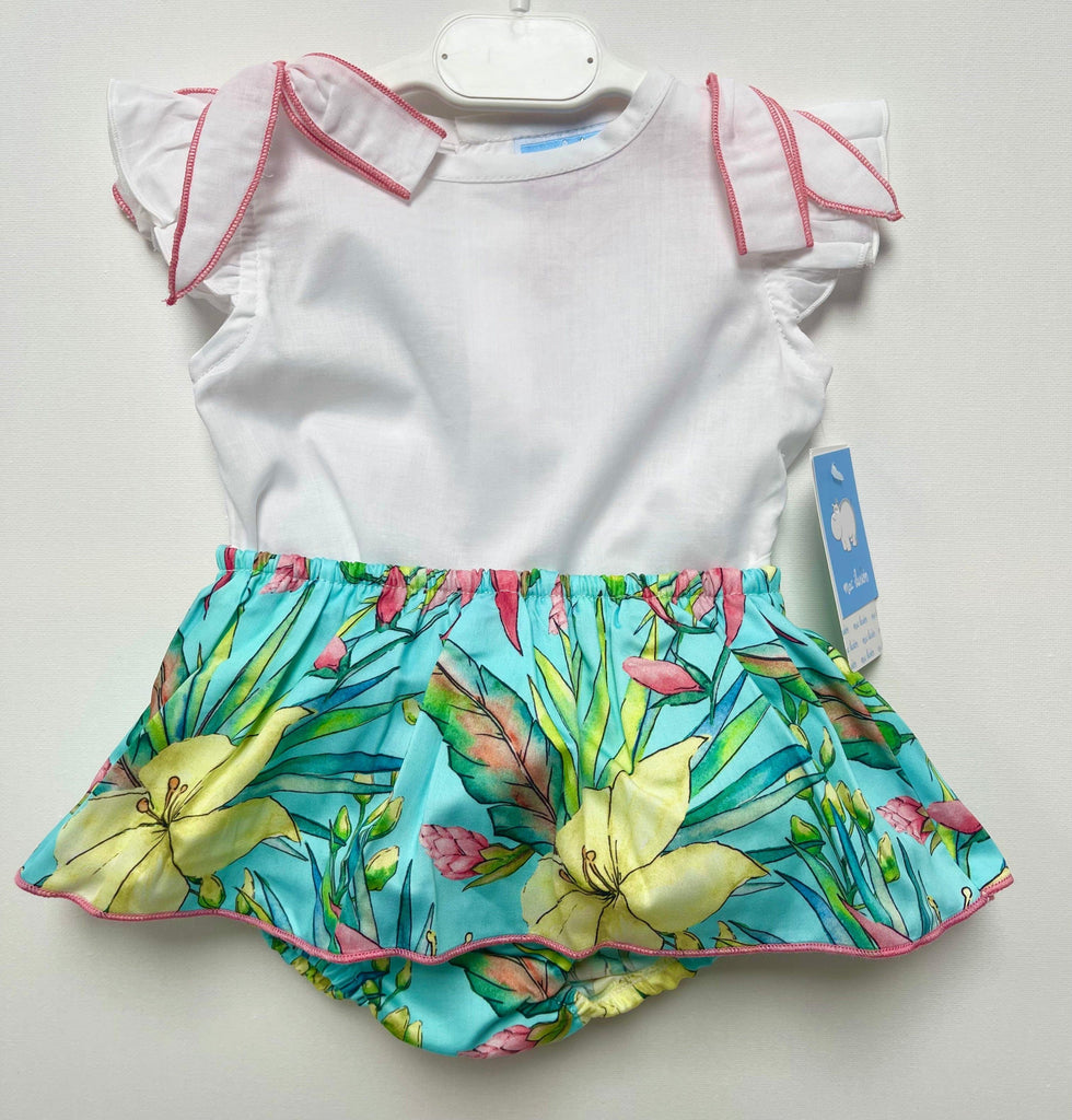 Mac Ilusion - Baby Girl's White Blouse & Turquoise Amazonia Jam Pants Set - Mariposa Children's Boutique