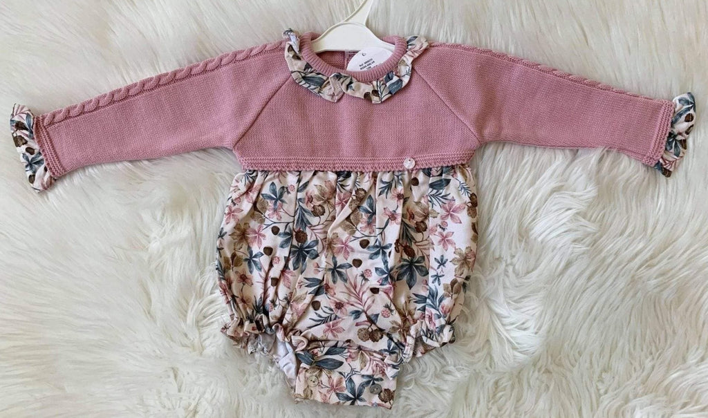 Minhon Baby Girls Dress Minhon AW20 - Dusky Pink Knit Top Floral Romper Suit