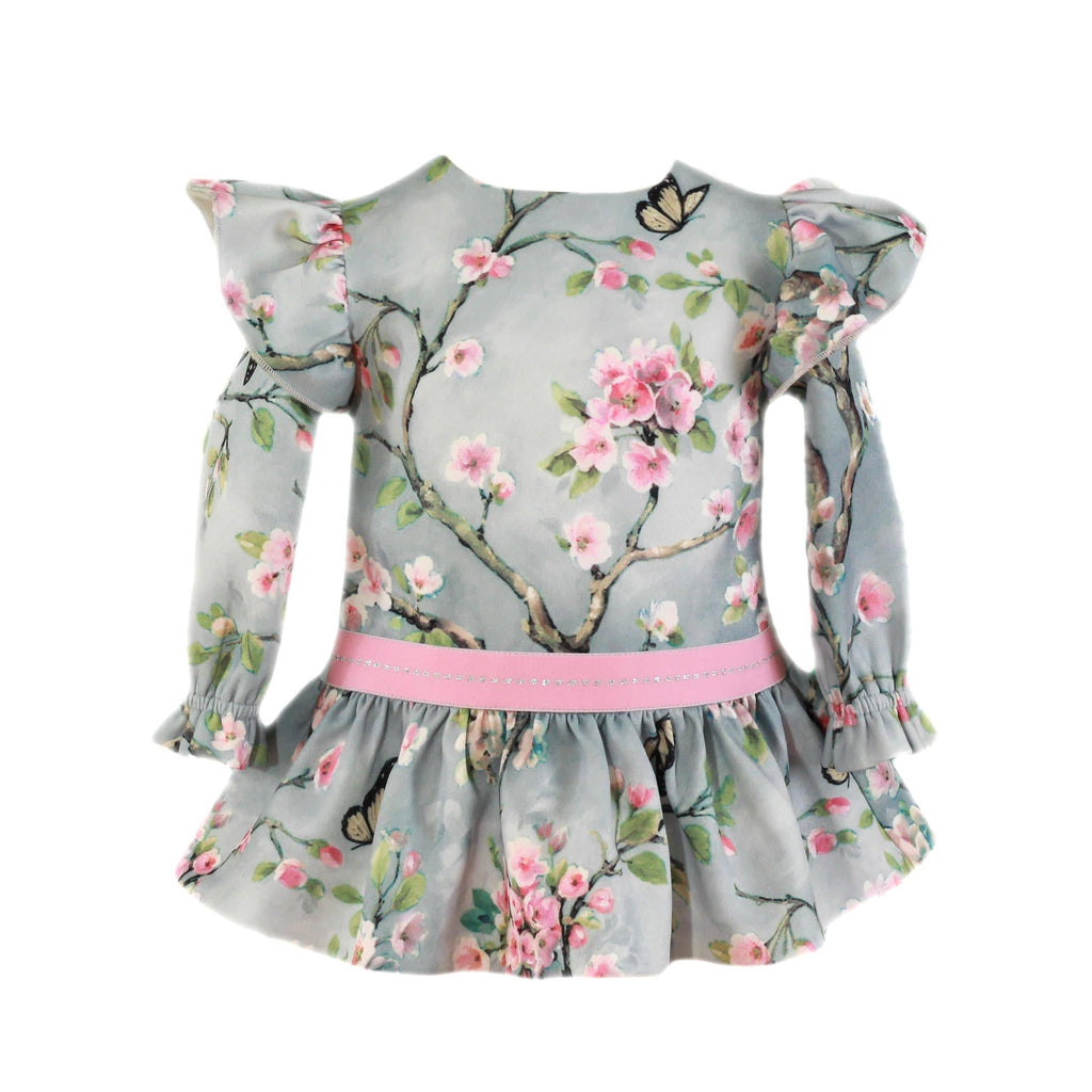 Miranda AW22 PRE-ORDER - Baby Girls Grey & Pink Floral Print Dress - Mariposa Children's Boutique