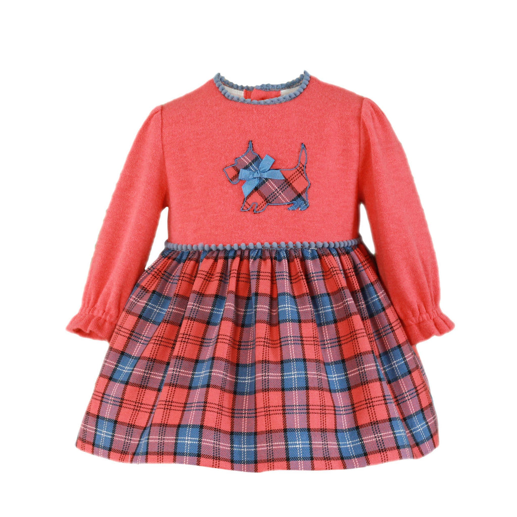 Miranda AW22 PRE-ORDER - Baby Girls Coral & Blue Check Dress - Mariposa Children's Boutique