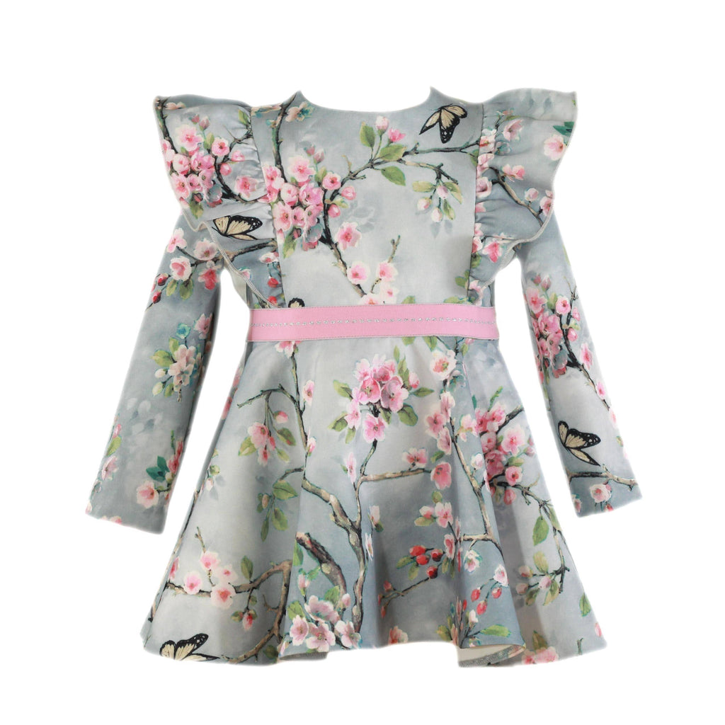 Miranda AW22 PRE-ORDER - Girls Grey & Pink Floral Print Dress - Mariposa Children's Boutique