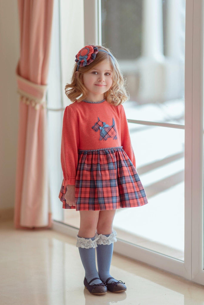 Miranda AW22 PRE-ORDER - Girls Coral and Blue Check Dress - Mariposa Children's Boutique
