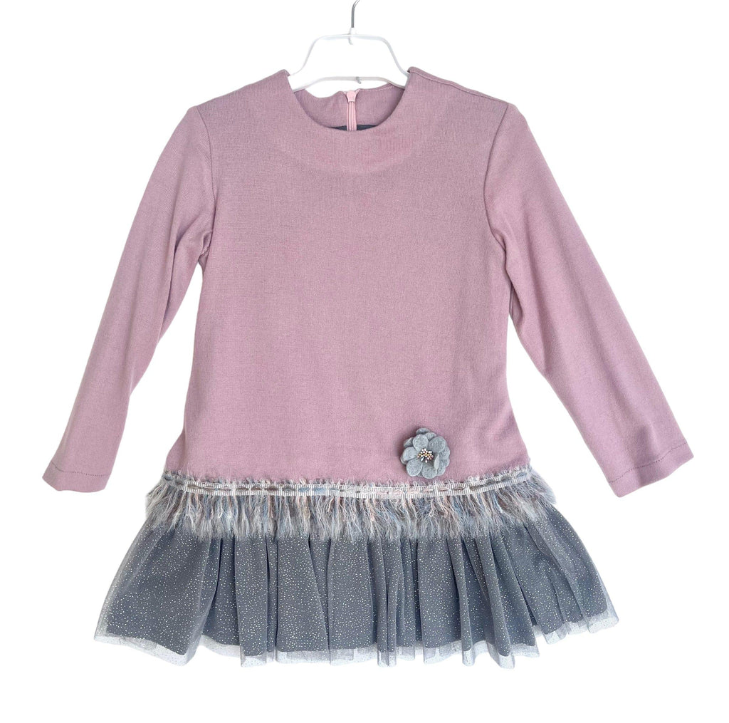Nekenia - Girls Dusky Pink & Grey Sparkle Drop Waist Dress - Mariposa Children's Boutique