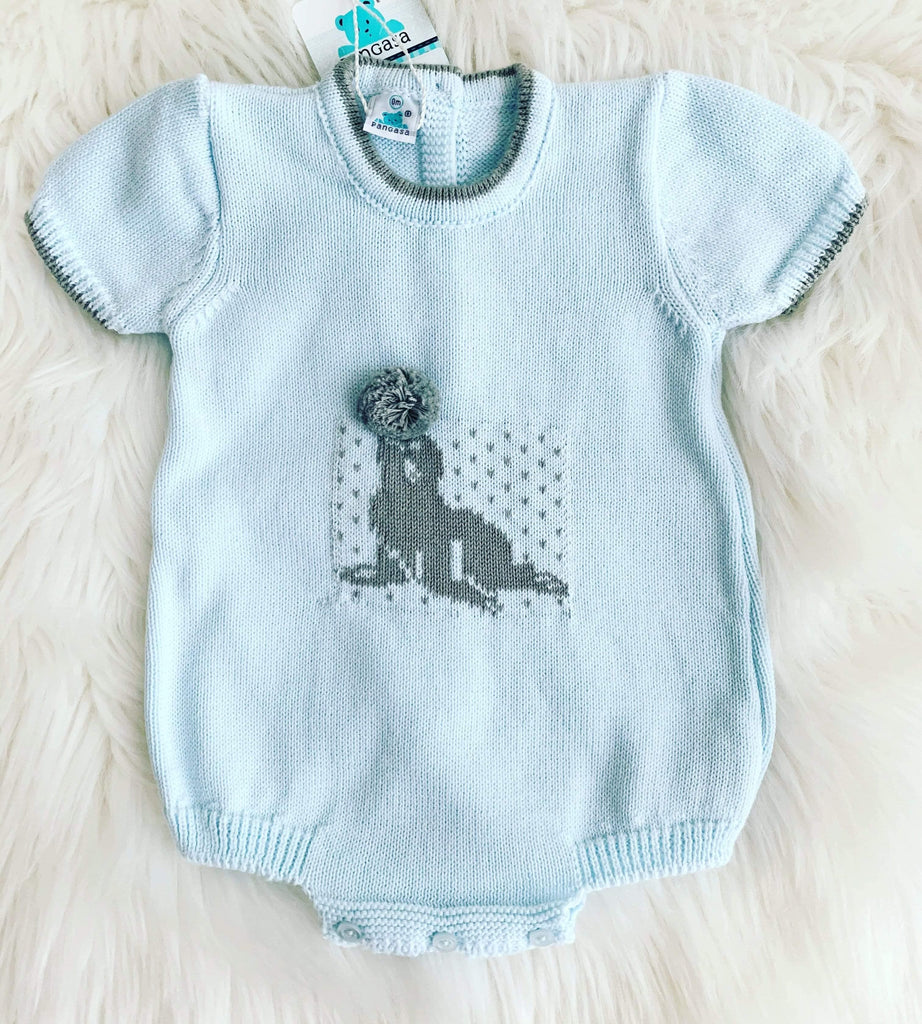 CLEARANCE DEAL - Pangasa Baby - Baby Boys Blue & Grey Sea Lion Knitted Romper Suit - Mariposa Children's Boutique