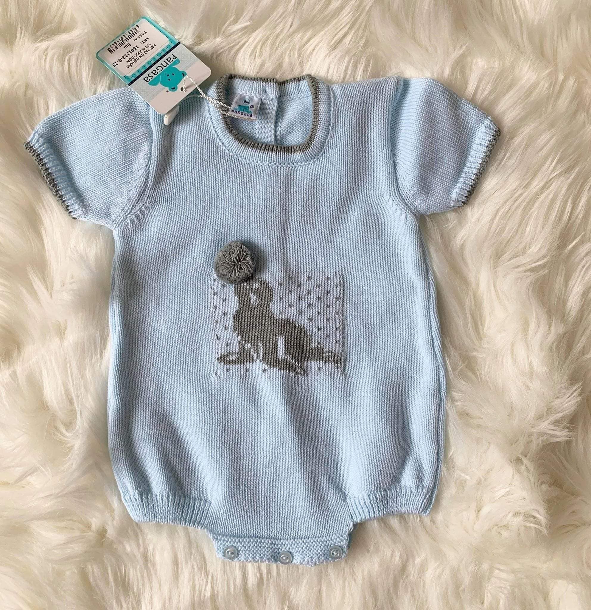 CLEARANCE DEAL - Pangasa Baby - Baby Boys Blue & Grey Sea Lion Knitted Romper Suit - Mariposa Children's Boutique