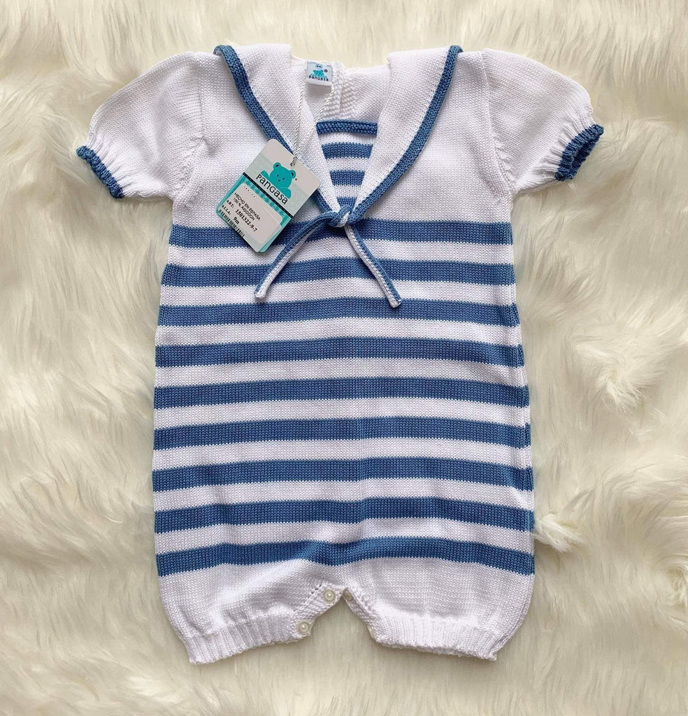 CLEARANCE DEAL - Pangasa Baby - Baby Boys Blue & White Stripe Knitted Romper Suit - Mariposa Children's Boutique