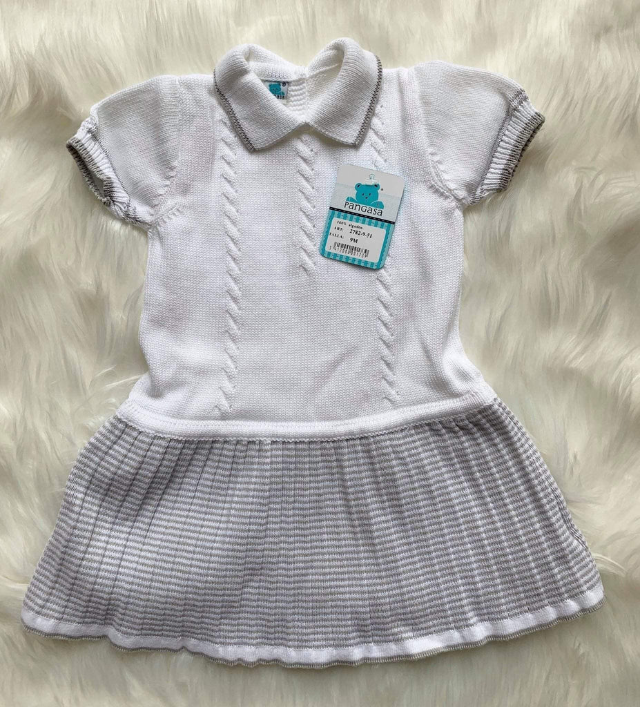CLEARANCE DEAL - Pangasa Baby - Baby Girls White & Grey Stripe Knitted Dress 9m - Mariposa Children's Boutique
