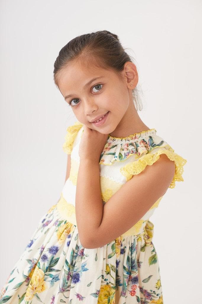 Ricittos SS22 - Yellow & Cream Dress & Headpiece - Mariposa Children's Boutique