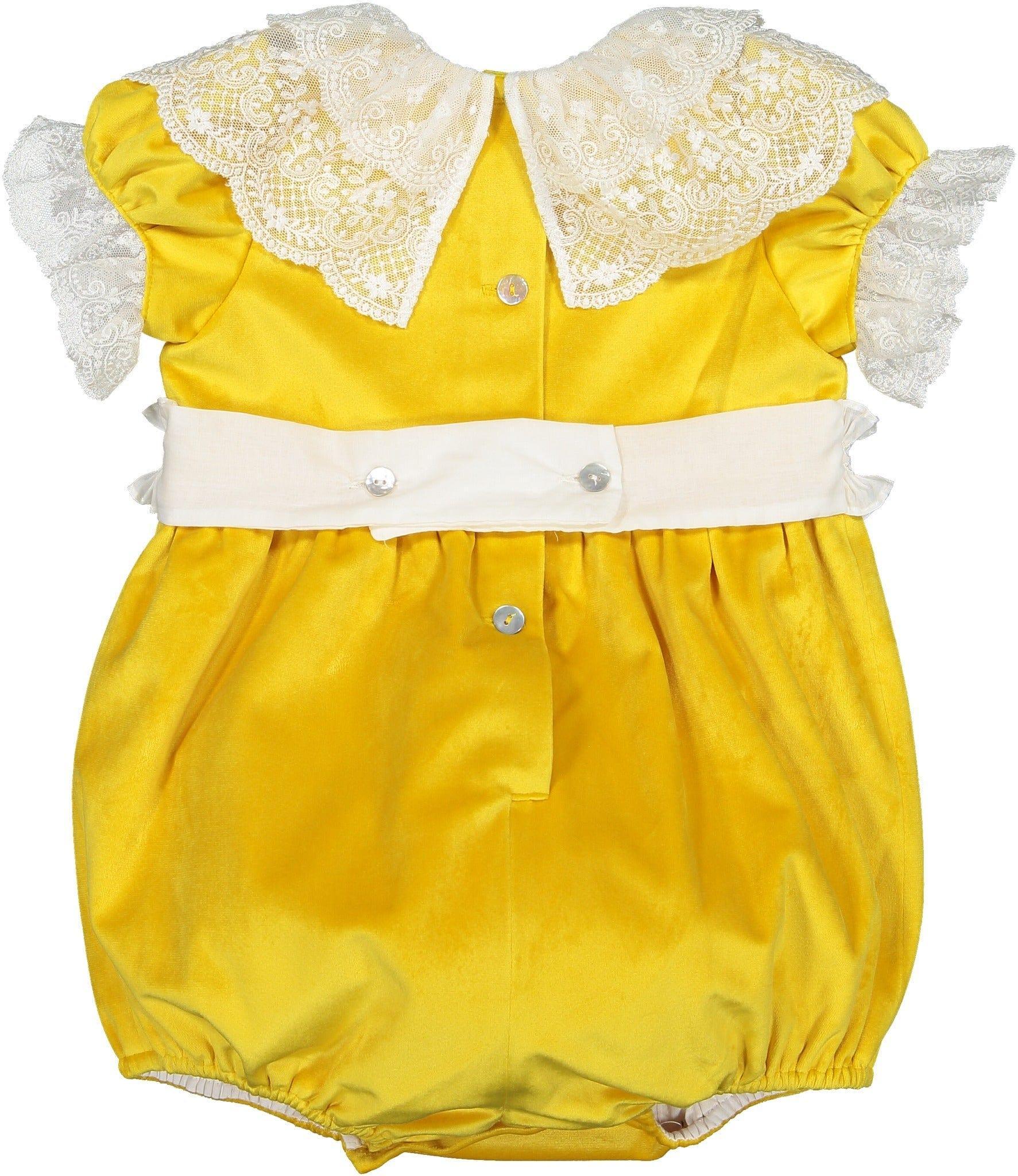 CLEARANCE DEAL - Sal & Pimenta - Golden Velvet Smocked Romper - Mariposa Children's Boutique