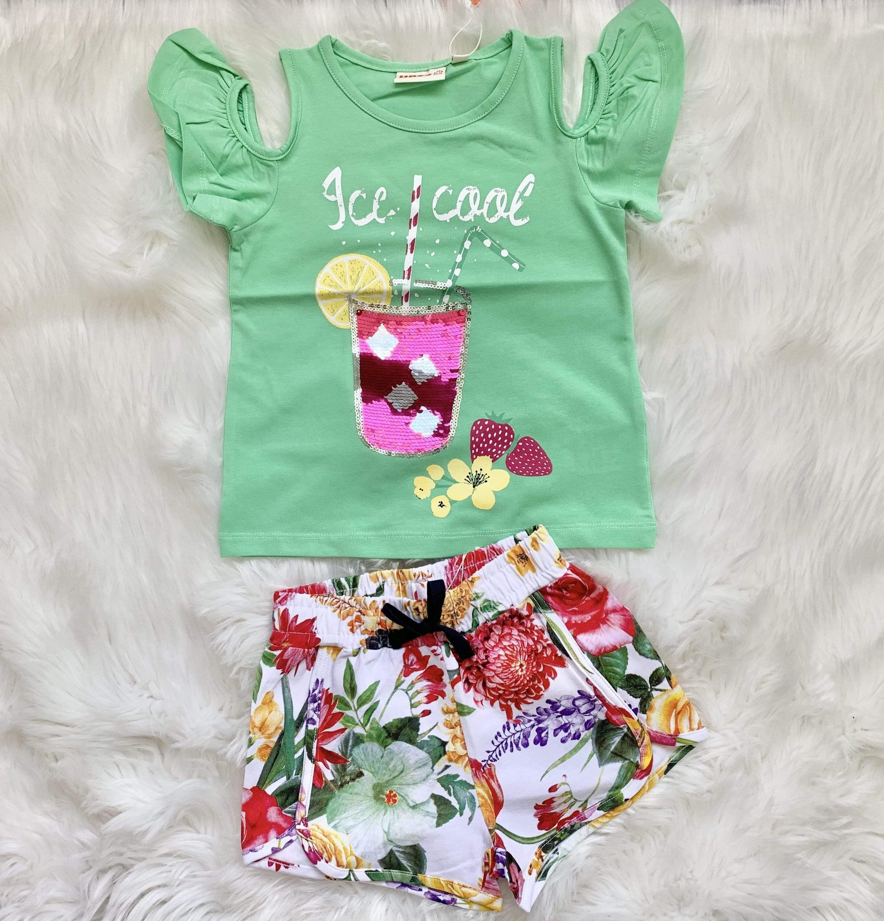 CLEARANCE DEAL - UBS2 - Girls Mint T-shirt with Matching Floral Shorts SALE - Mariposa Children's Boutique