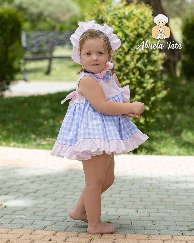Abuela Tata SS23 - Baby Girls Blue & Pink Dress, Knickers & Bonnet - Mariposa Children's Boutique