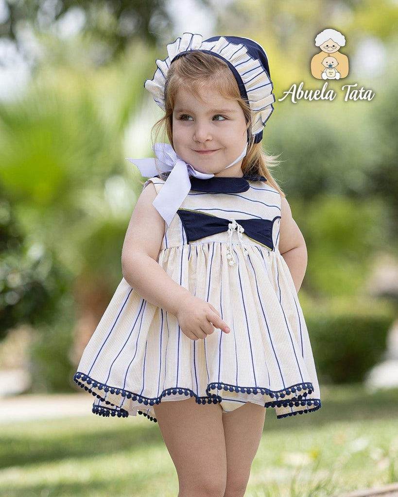 Abuela Tata SS23 - Baby Girls Lemon & Navy Dress, Knickers & Bonnet - Mariposa Children's Boutique