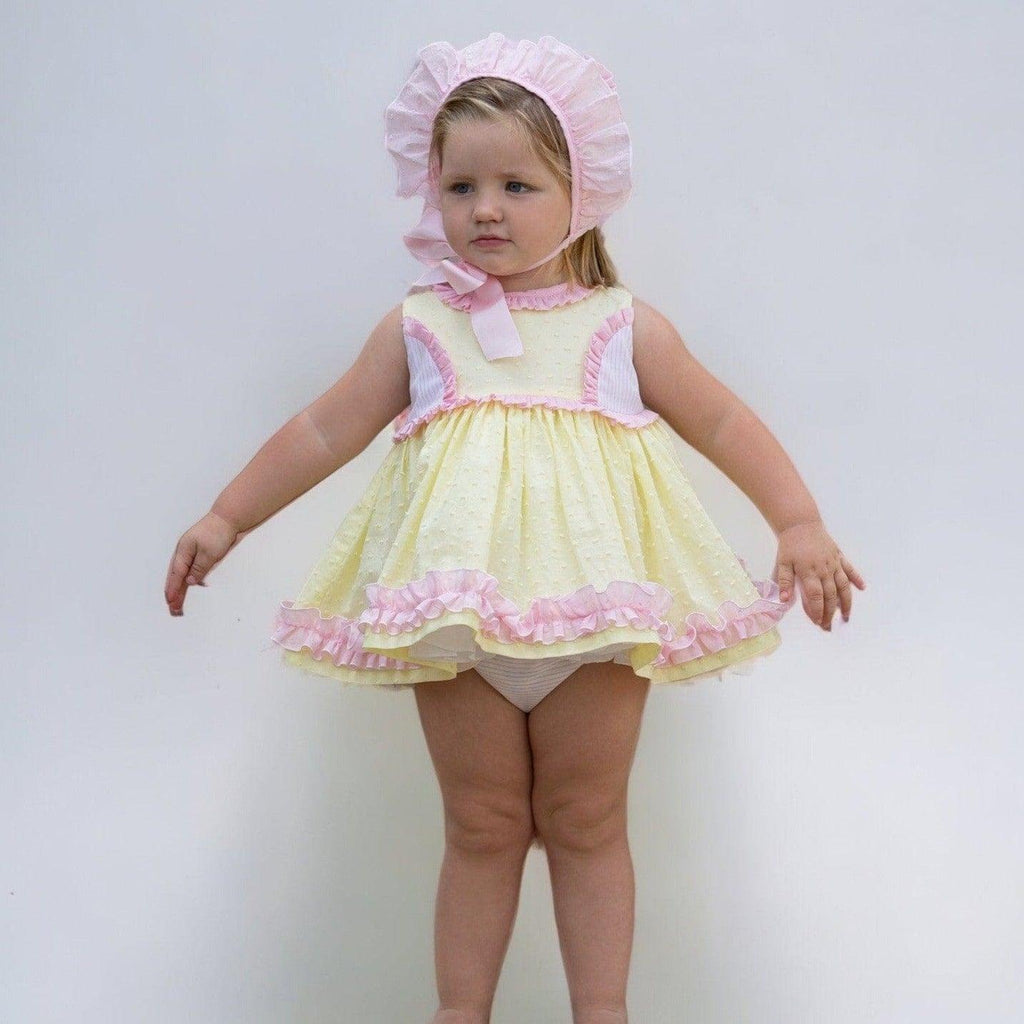 Abuela Tata SS23 - Baby Girls Lemon & Pink Dress, Knickers & Bonnet - Mariposa Children's Boutique