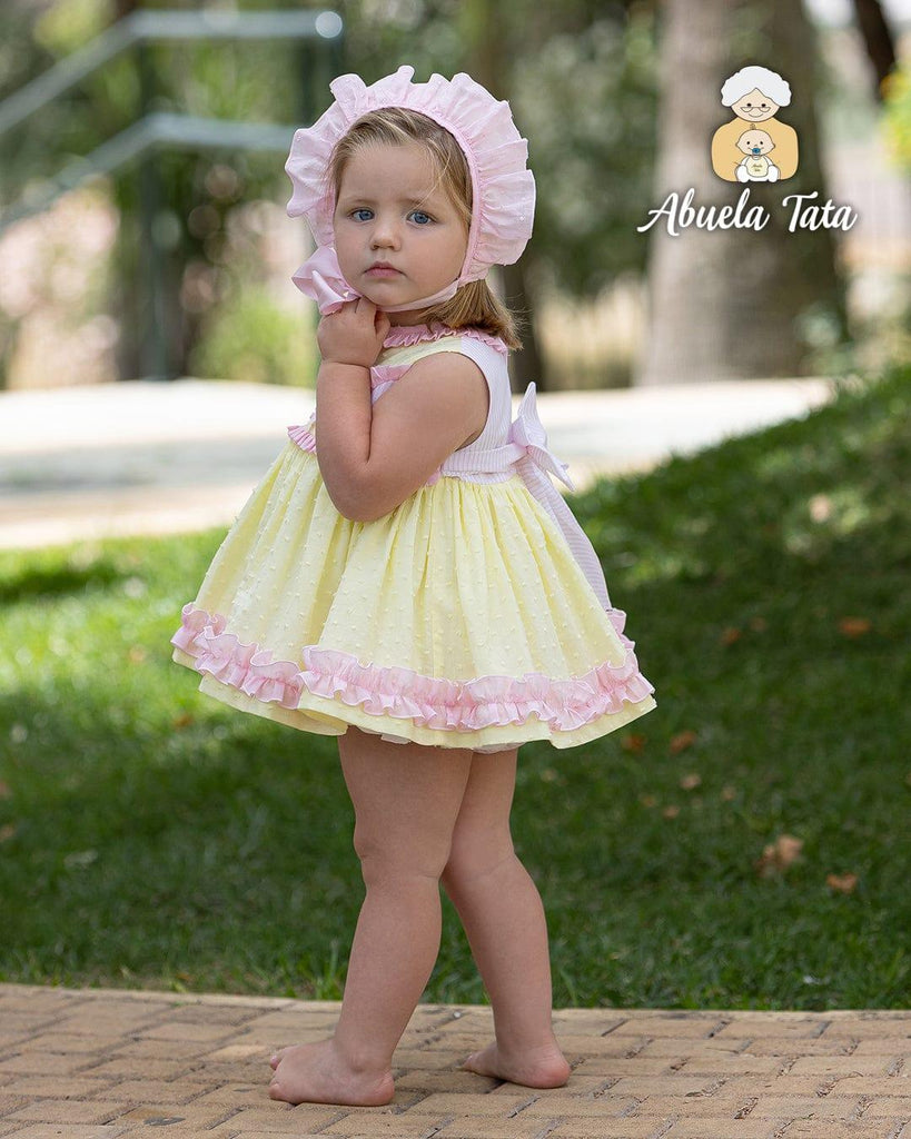 Abuela Tata SS23 - Baby Girls Lemon & Pink Dress, Knickers & Bonnet - Mariposa Children's Boutique