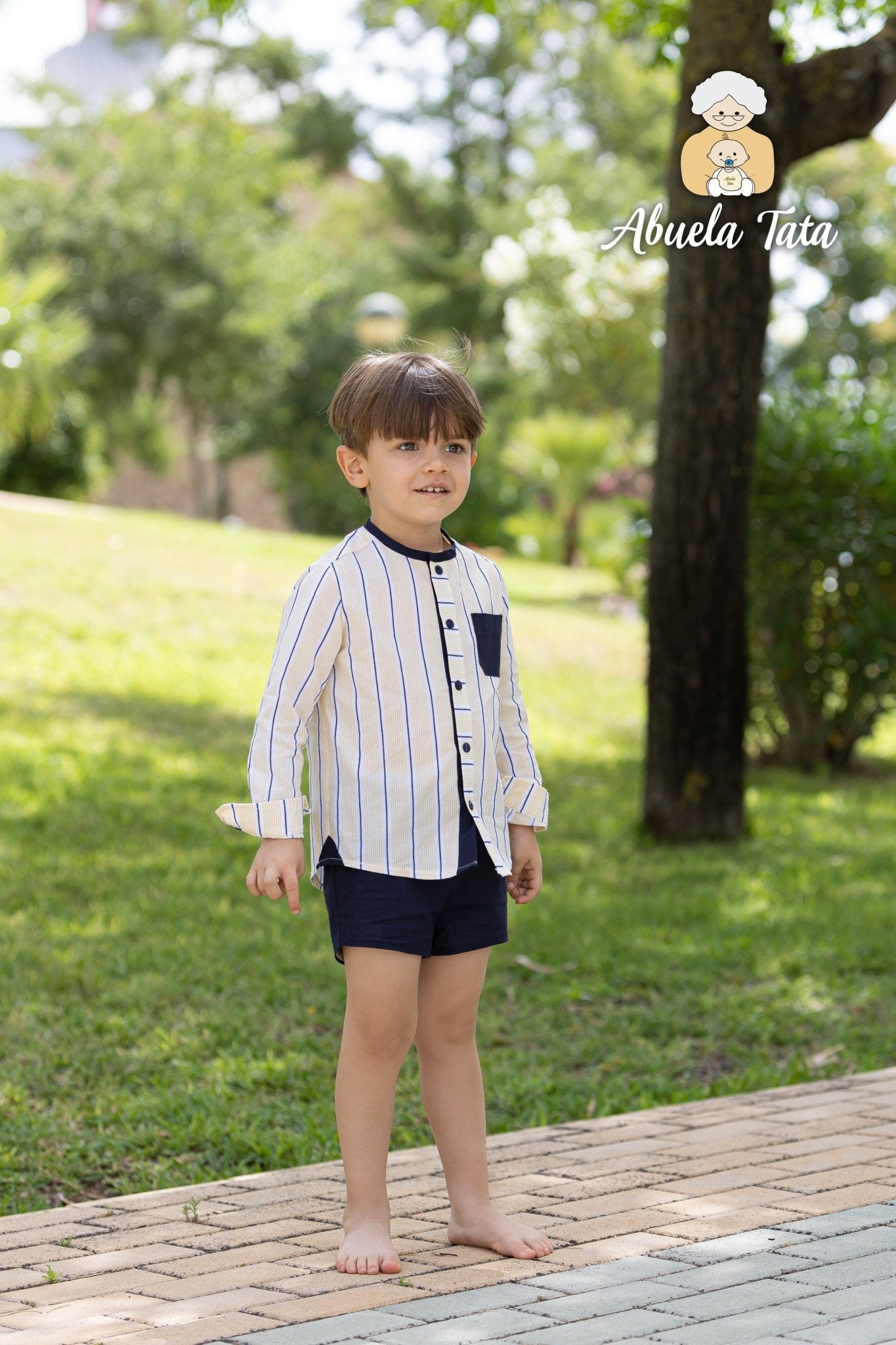 CLEARANCE SALE Abuela Tata - Boys Lemon & Navy Shorts & Shirt Set - Mariposa Children's Boutique