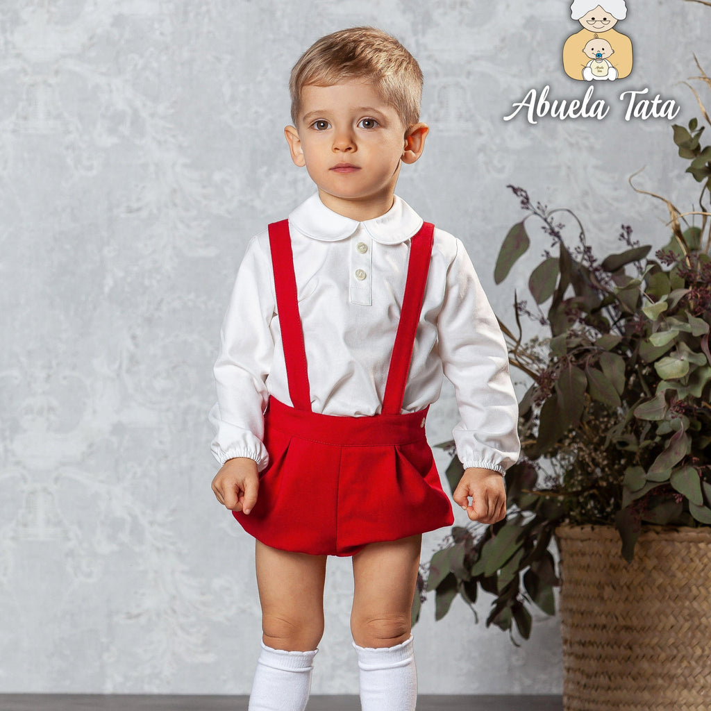 Abuela Tata AW22 - Boys Red & Cream Brocade Shorts & Shirt Set - Mariposa Children's Boutique