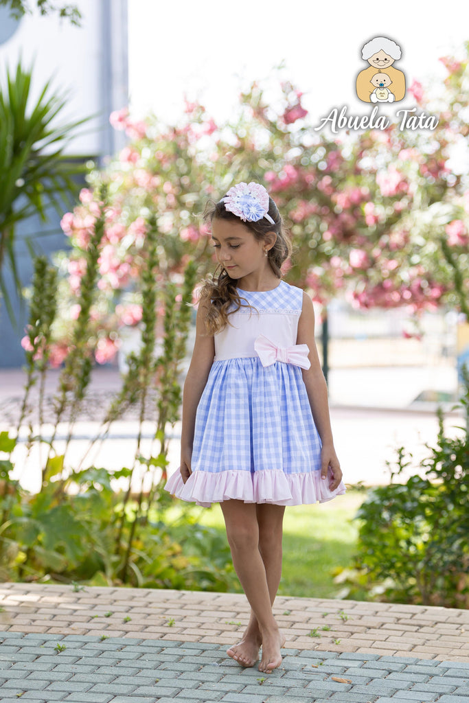 Abuela Tata SS23 - Girls Blue & Pink Check Dress - Mariposa Children's Boutique