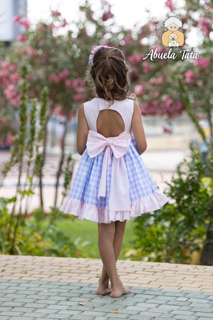 Abuela Tata SS23 - Girls Blue & Pink Check Dress - Mariposa Children's Boutique