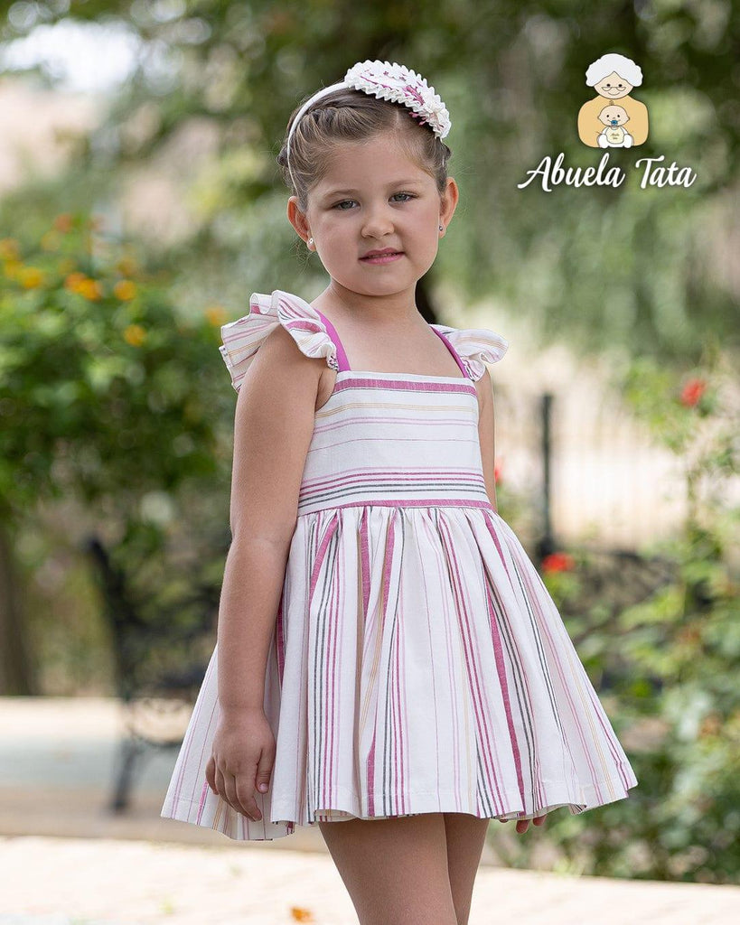 Abuela Tata SS23 - Girls Cream & Dusky Pink Stripe Dress - Mariposa Children's Boutique