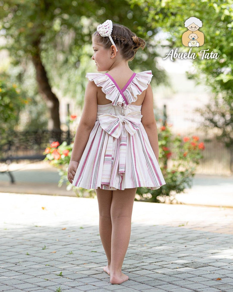 Abuela Tata SS23 - Girls Cream & Dusky Pink Stripe Dress - Mariposa Children's Boutique