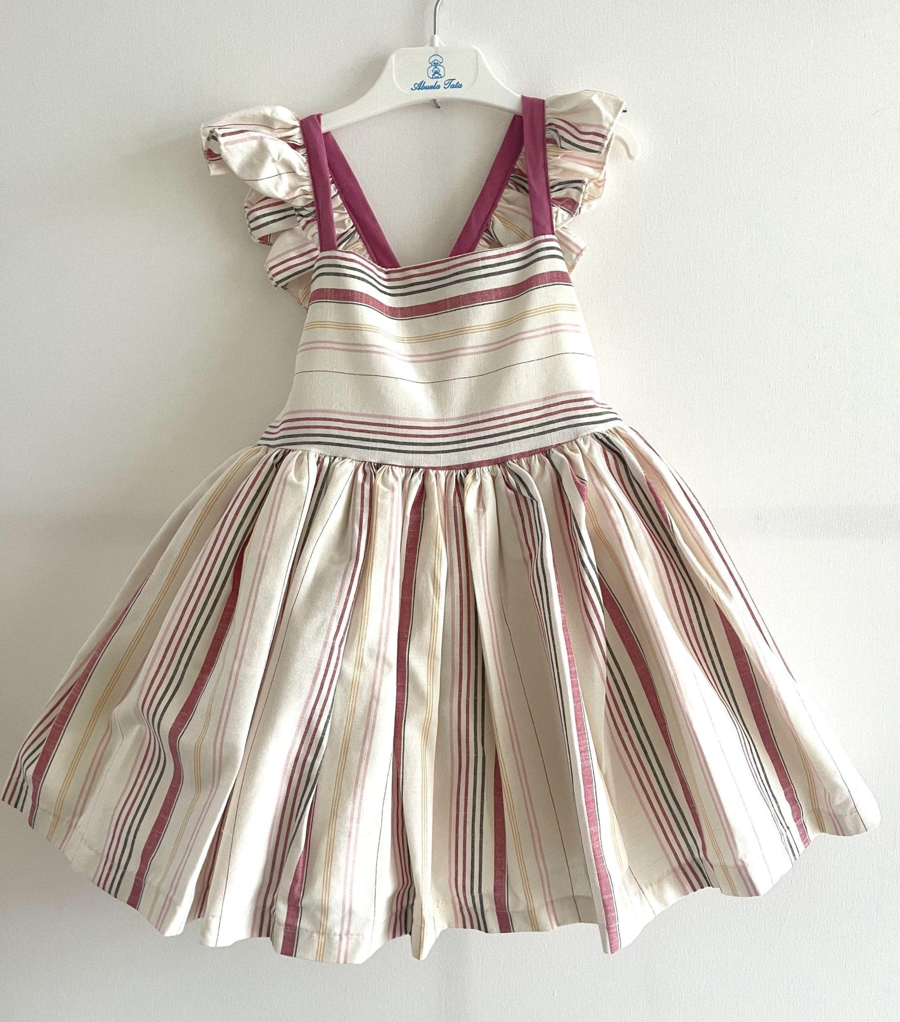 CLEARANCE SALE Abuela Tata - Girls Cream & Dusky Pink Stripe Dress - Mariposa Children's Boutique