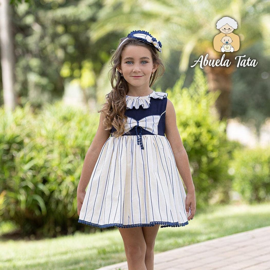 Abuela Tata SS23 - Girls Lemon & Navy Dress - Mariposa Children's Boutique