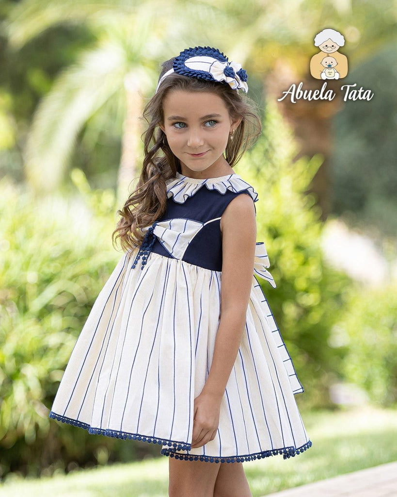 Abuela Tata SS23 - Girls Lemon & Navy Dress - Mariposa Children's Boutique