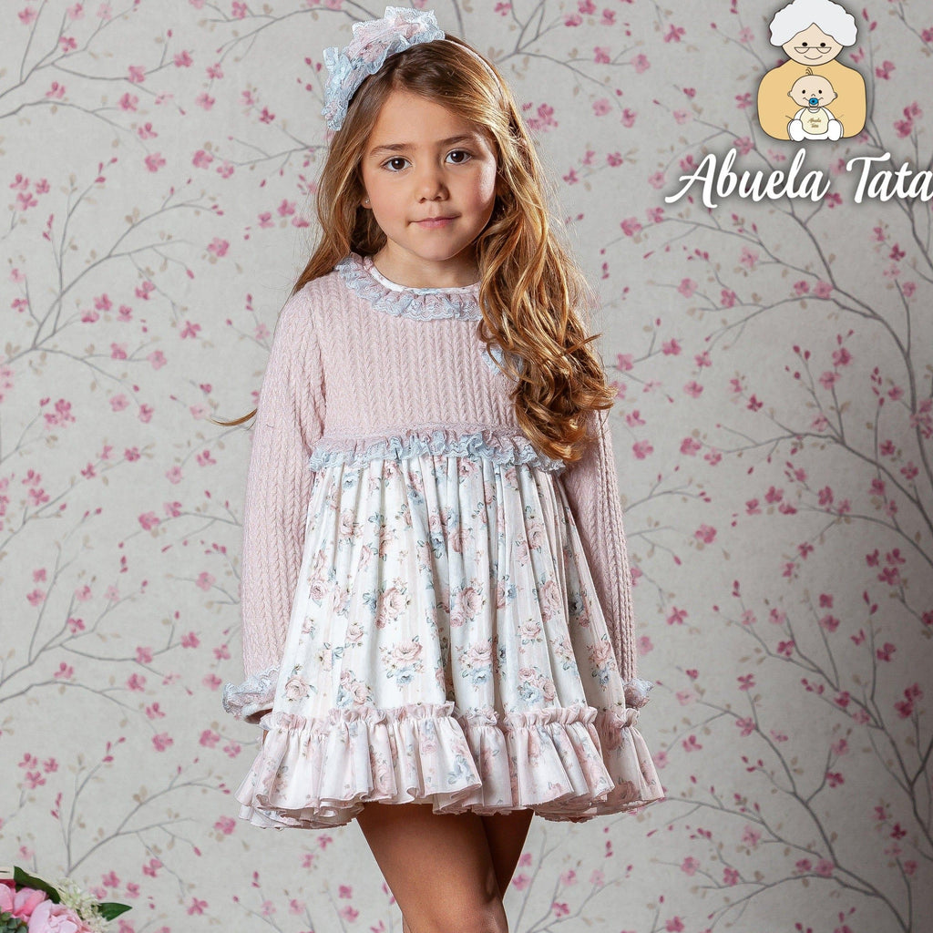 Abuela Tata AW22 - Girls Pink Floral Print Dress & Headpiece - Mariposa Children's Boutique