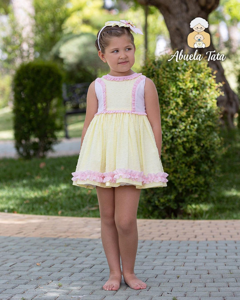 Abuela Tata SS23 - Girls Plumetti Lemon & Pink Ruffle Dress - Mariposa Children's Boutique