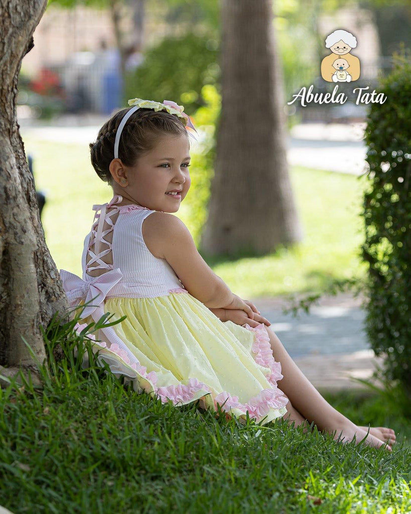 Abuela Tata SS23 - Girls Plumetti Lemon & Pink Ruffle Dress - Mariposa Children's Boutique