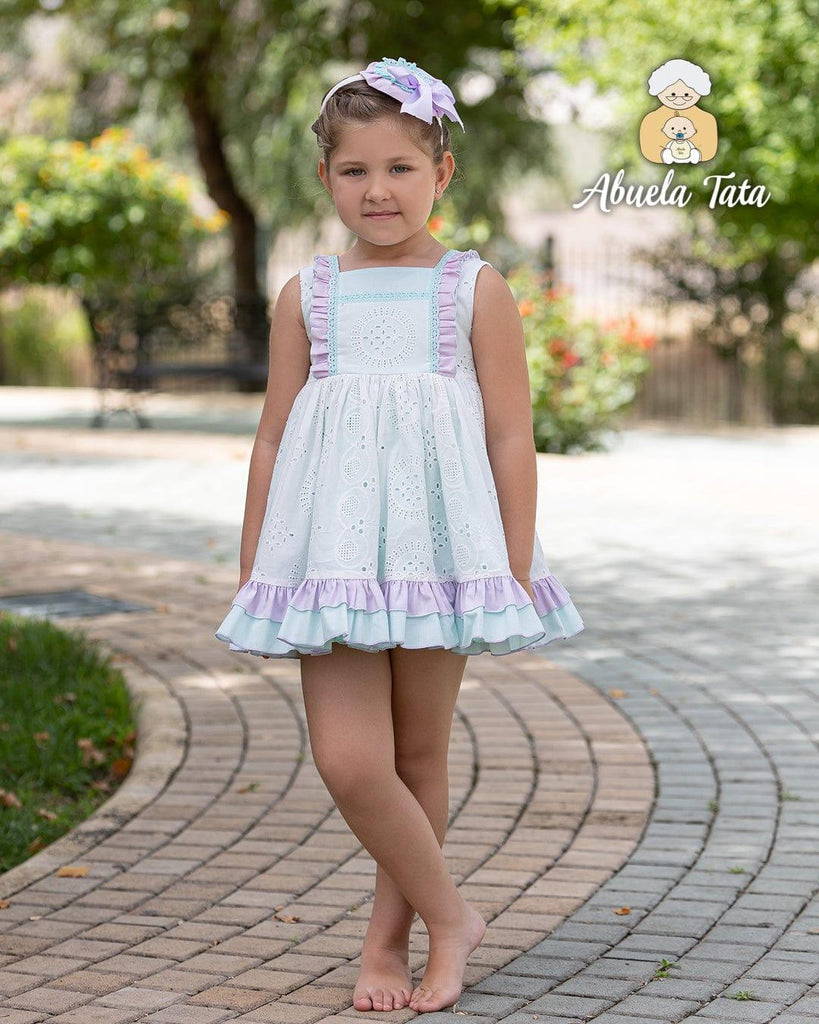 Abuela Tata SS23 - Girls White, Mint & Lilac Ruffle Dress - Mariposa Children's Boutique