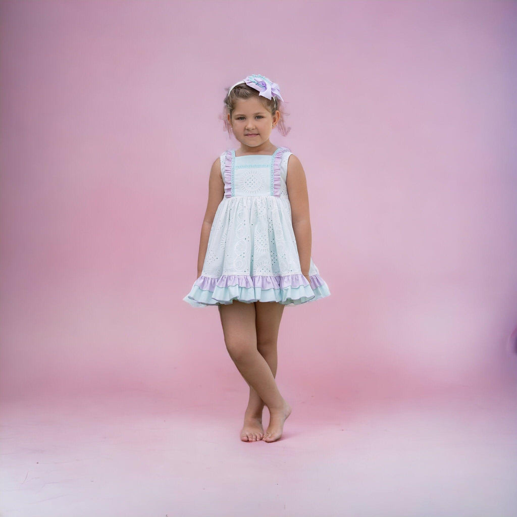 Abuela Tata SS23 - Girls White, Mint & Lilac Ruffle Dress - Mariposa Children's Boutique