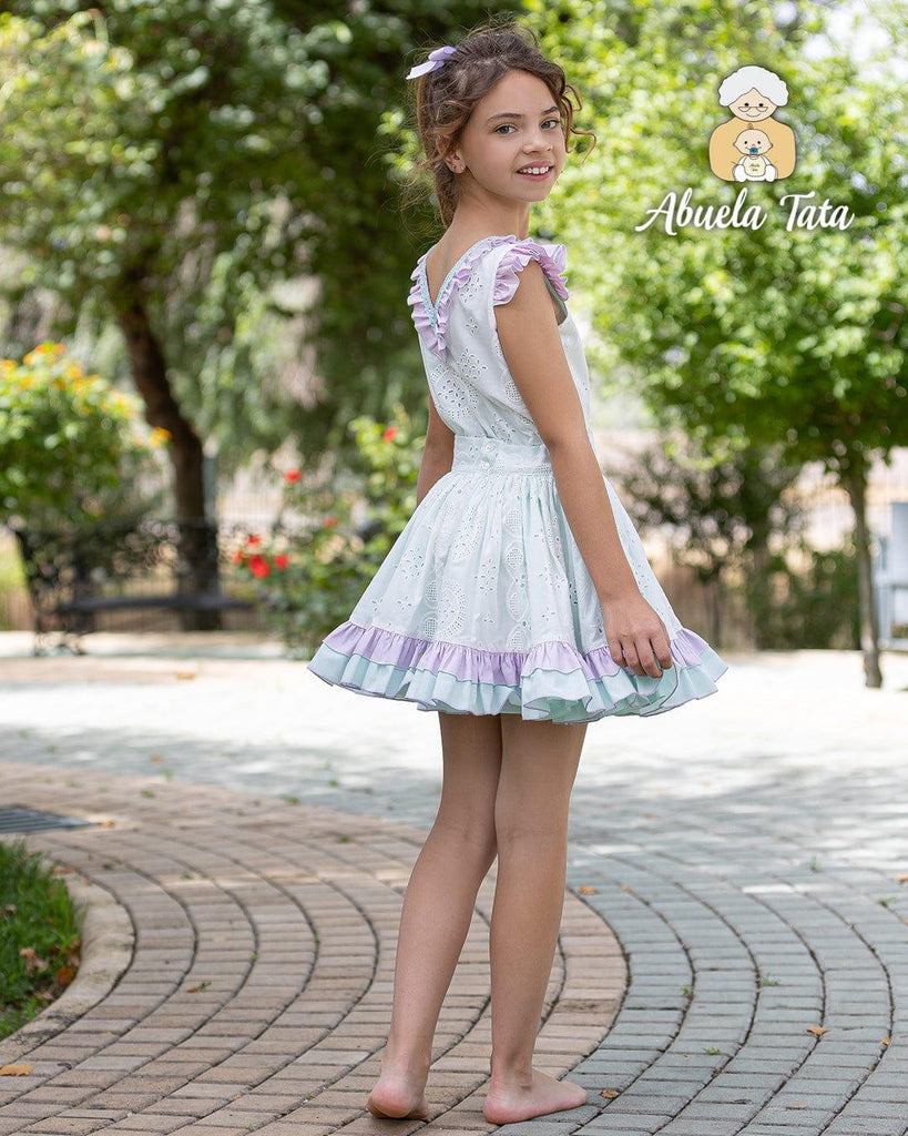 Abuela Tata SS23 - Girls White, Mint & Lilac Skirt & Blouse Set - Mariposa Children's Boutique