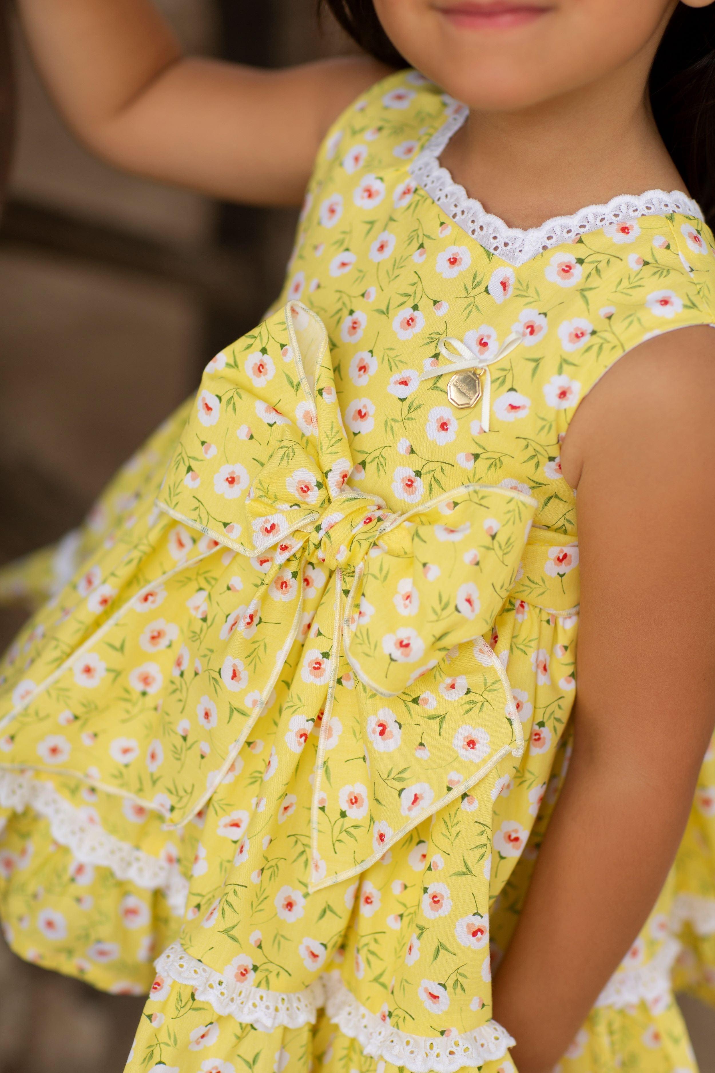 Alhuka SS23 - Baby Girls Orihuela Yellow Floral Dress & Knickers Set - Mariposa Children's Boutique