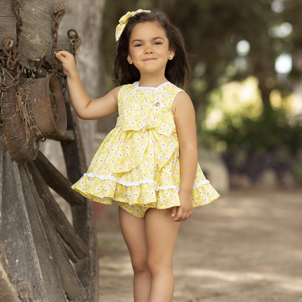 Alhuka SS23 - Baby Girls Orihuela Yellow Floral Dress & Knickers Set - Mariposa Children's Boutique