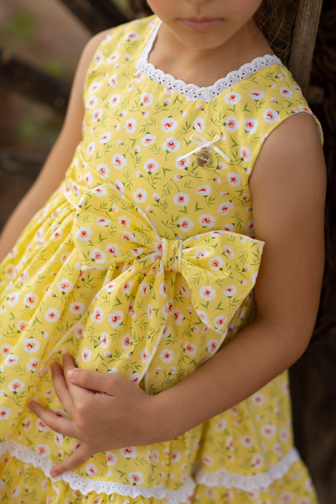 Alhuka SS23 - Girls Orihuela Yellow Floral Print Dress - Mariposa Children's Boutique
