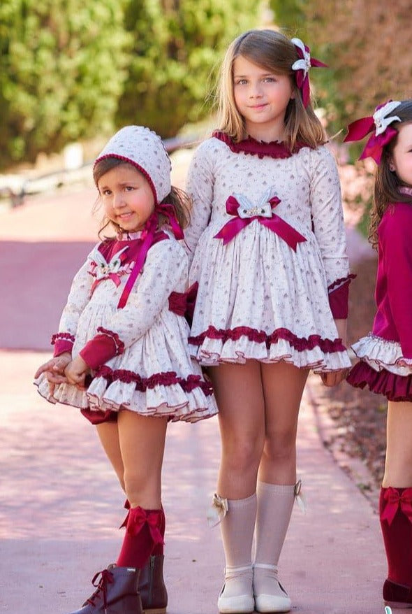 Belcoquet AW22 - Girls Cream & Burgundy Print Dress - Mariposa Children's Boutique