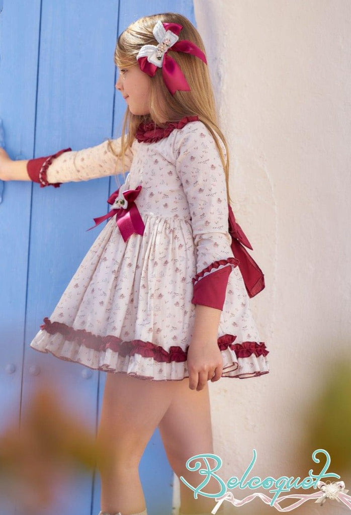 Belcoquet AW22 - Girls Cream & Burgundy Print Dress - Mariposa Children's Boutique