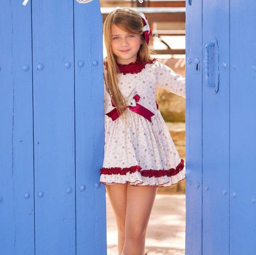 CLEARANCE SALE Belcoquet - Girls Cream & Burgundy Print Dress - Mariposa Children's Boutique