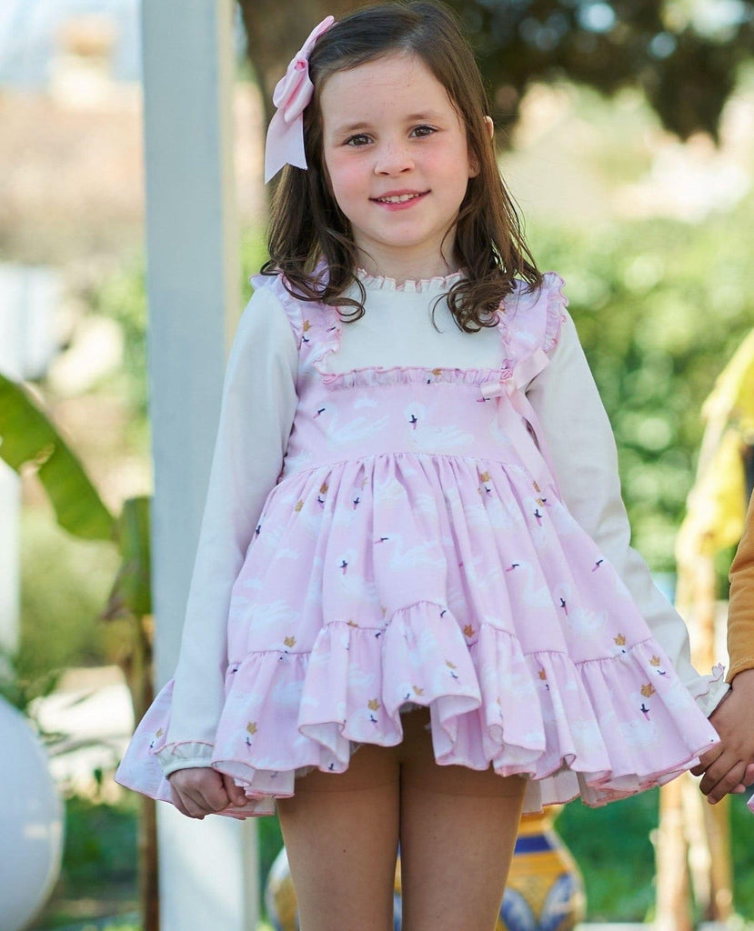 Belcoquet AW22 - Girls Pink & Cream Swan Print Dress - Mariposa Children's Boutique