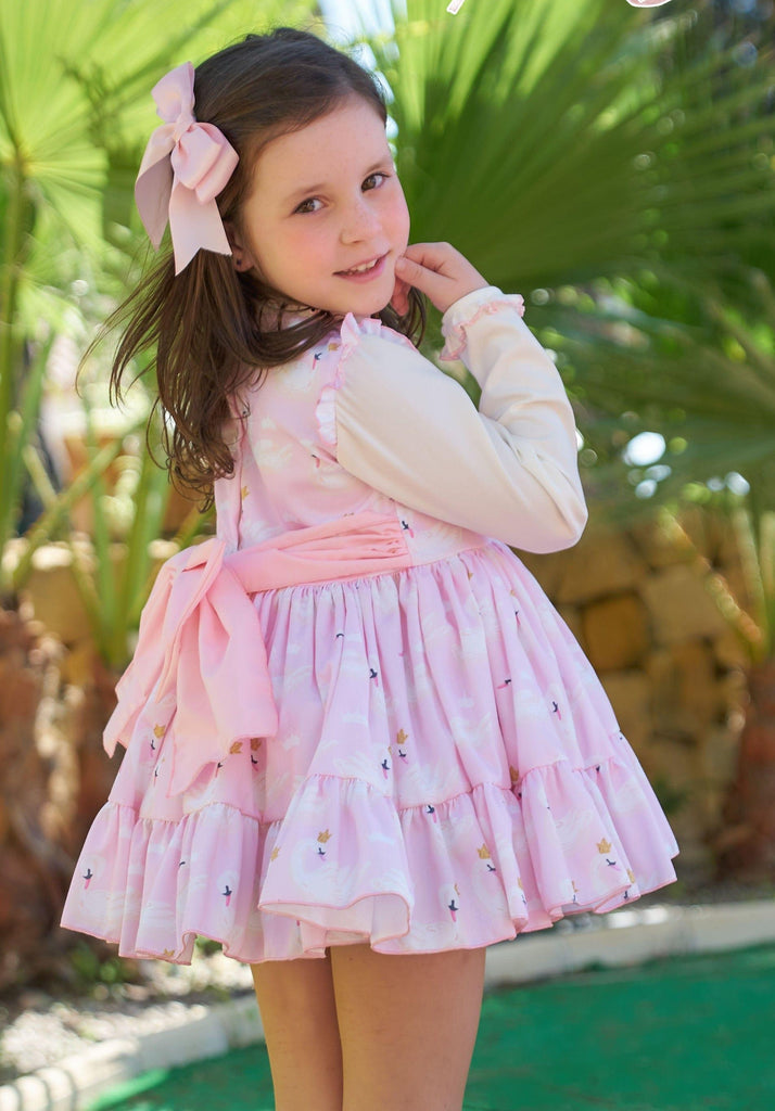 Belcoquet AW22 - Girls Pink & Cream Swan Print Dress - Mariposa Children's Boutique