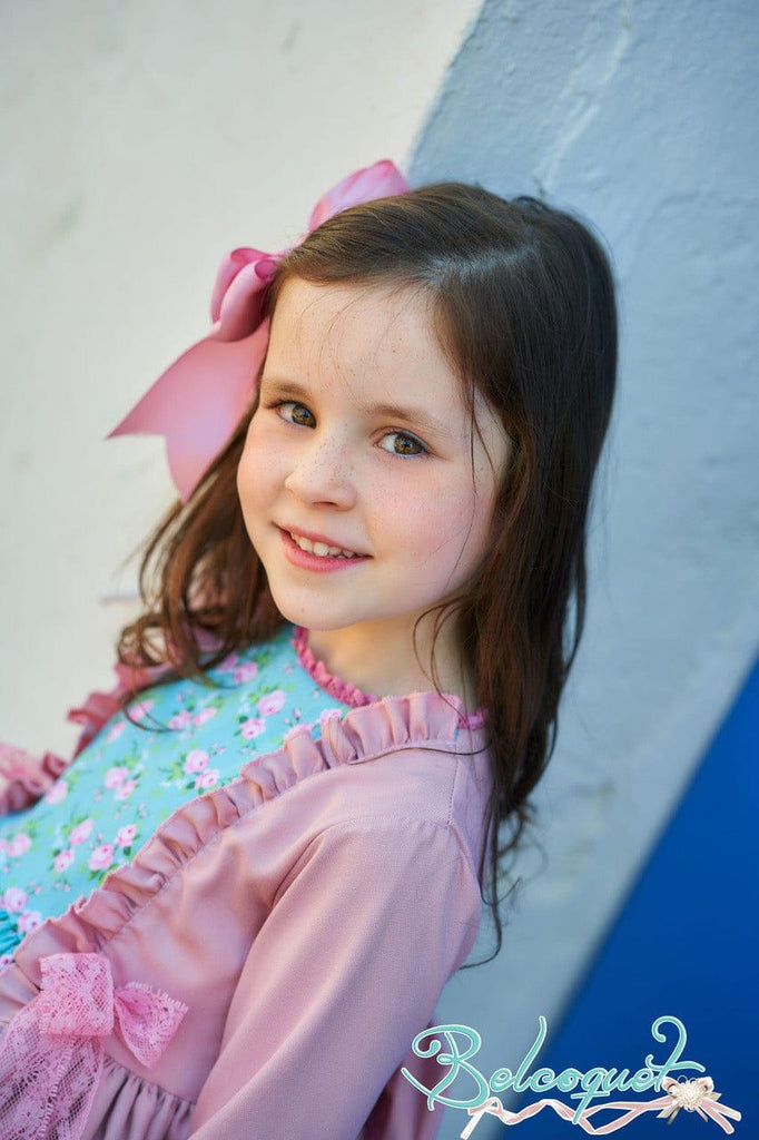 Belcoquet AW22 - Laurel Collection Turquoise & Pink Dress - Mariposa Children's Boutique