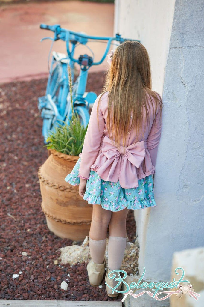 Belcoquet AW22 - Laurel Collection Turquoise & Pink Drop Waist Dress - Mariposa Children's Boutique
