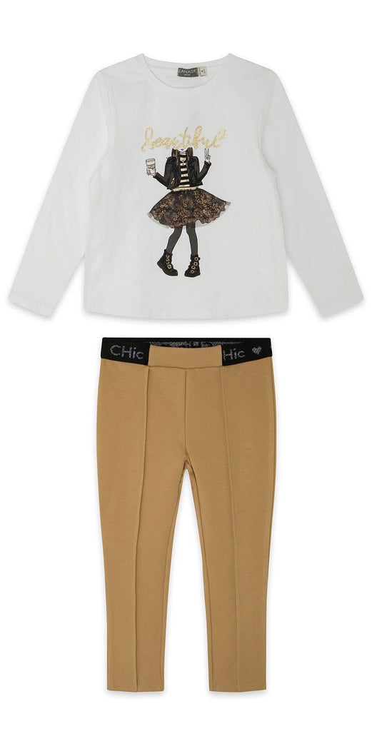 Canada House - Girls White Long Sleeve Top with Camel Leggings - Mariposa Children's Boutique