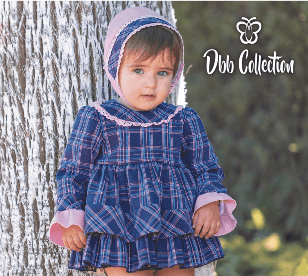DBB Collection AW22 - Baby Girl's Navy & Pink Check Dress, Knickers & Bonnet Set - Mariposa Children's Boutique